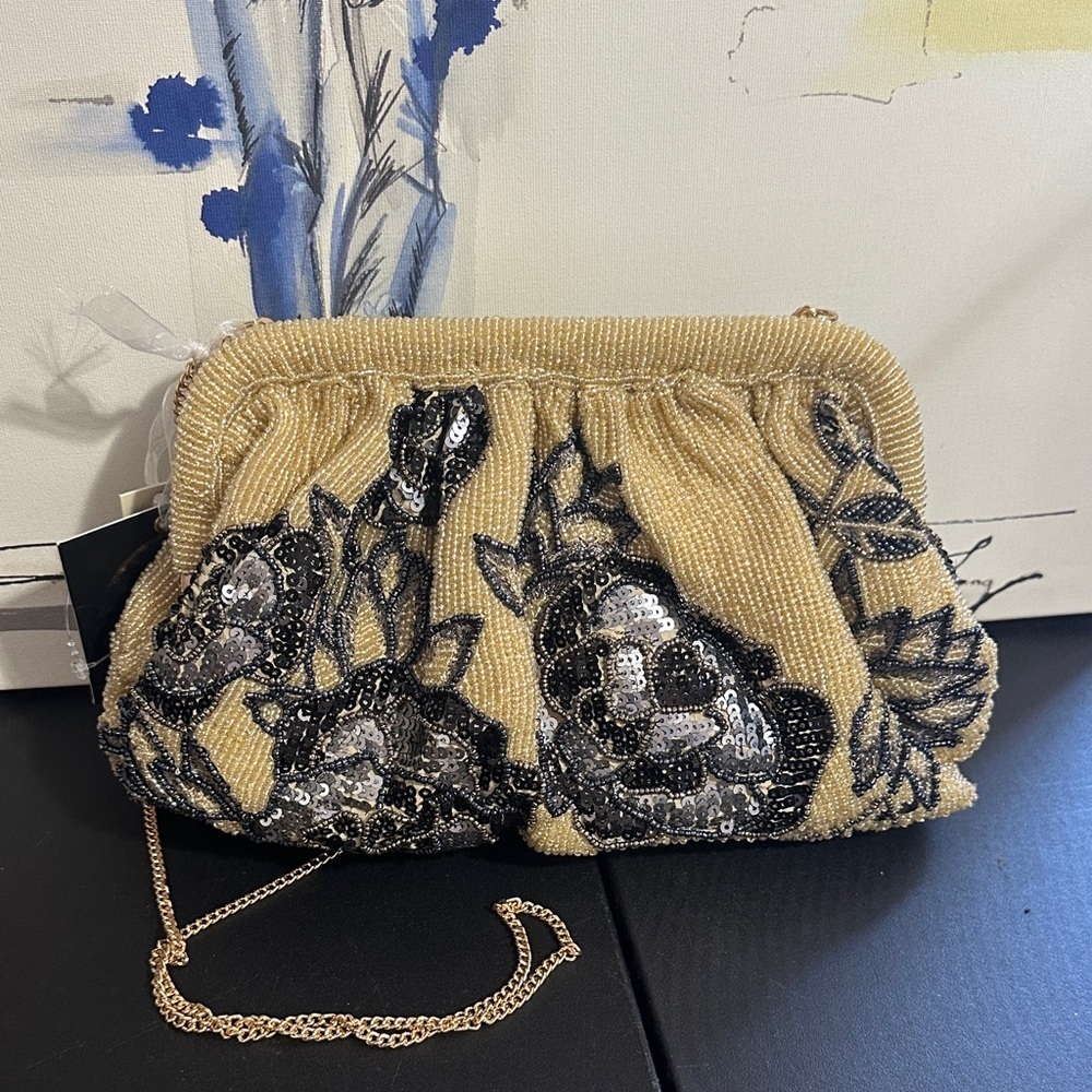 From India to you cream with black floral beaded and sequins crossbody
